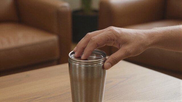 Hand sealing stainless steel travel mug on wooden table near leather
