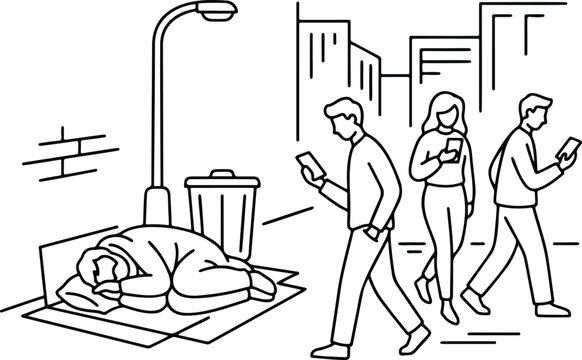 Social indifference line art illustration of homeless man sleeping on city street while people walk past distracted by smartphones, concept of poverty and urban inequality