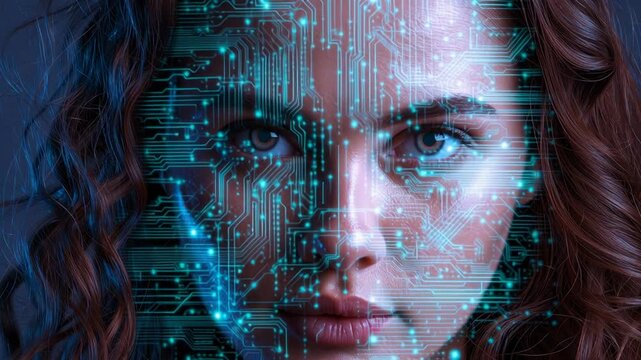 Closeup woman portrait holographic circuitry overlay, intense gaze under blue neon lighting, halfface digital circuit traces and floating data particles, subtle