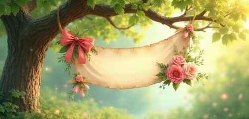 Fototapeta premium Vintage scroll banner with pink ribbon, flowers hangs from tree branch. Soft light illuminates rich green foliage. Blank space for text, perfect for spring event announcements or wedding invitations.