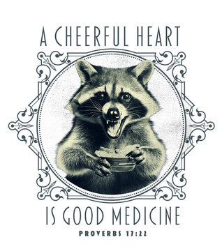 A Cheerful Heart Is Good Medicine &ndash; Proverbs 17:22 Cute Raccoon Christian Illustration, Scripture Art