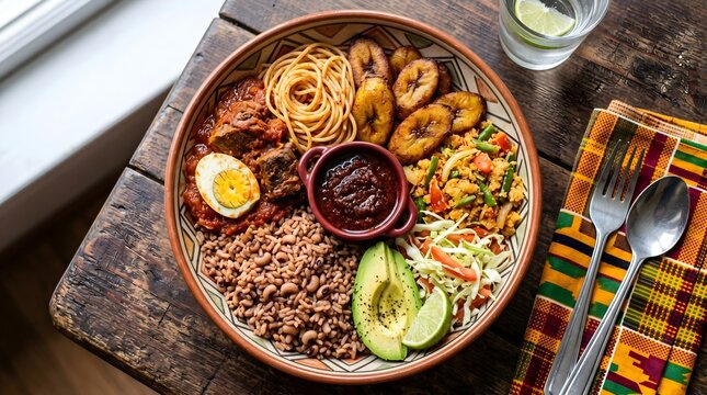 Traditional Ghanaian Waakye dish with fried plantain and avocado, authentic African cuisine on rustic wooden table, healthy rice and beans meal