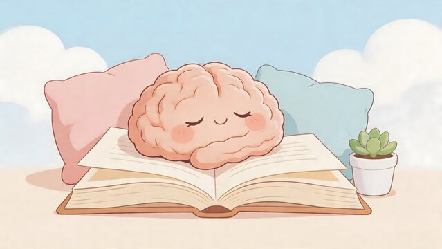 Cute brain resting on open book