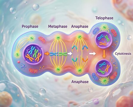 Detailed illustration of the cell cycle's five stages Prophase, Metaphase, Anaphase, Telophase, and Cytokinesis, depicting chromosome separation