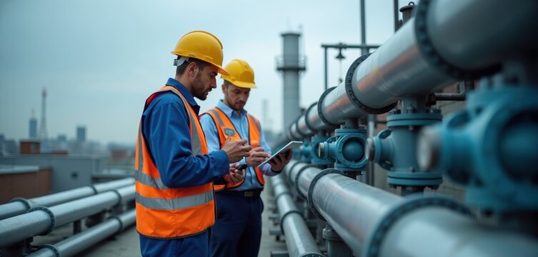 Two men in hard hats and safety vests review pipeline maintenance on tablet. Engineers inspect industrial valves and pumps on factory roof. Professionals monitor complex systems at energy plant.