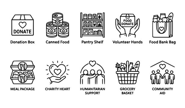 Food donation line icon set with pantry food bank charity and volunteer symbols editable stroke vector EPS isolated on white