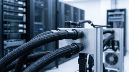 Naklejka premium High performance tensor processing unit tpu with ai accelerators connected by thick cables data center for advanced computing power and efficiency