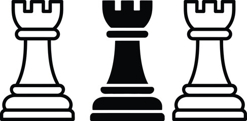 Three chess rooks of different colors displayed side by side on a plain background © MelonChandro