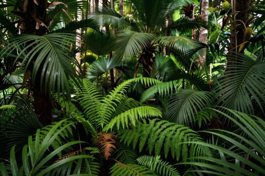Lush greenery and abundant foliage in a tropical forest scene fills the frame