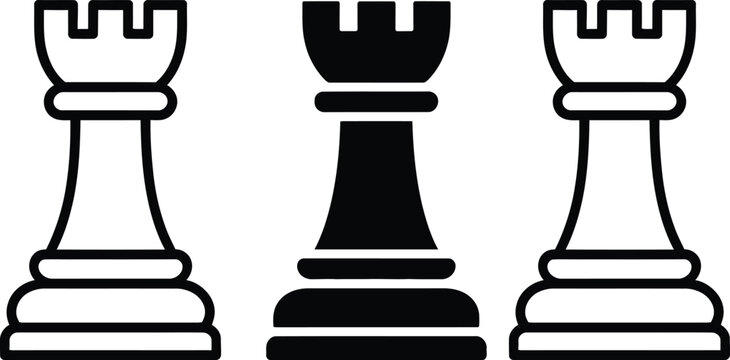 Three chess rooks of different colors displayed side by side on a plain background