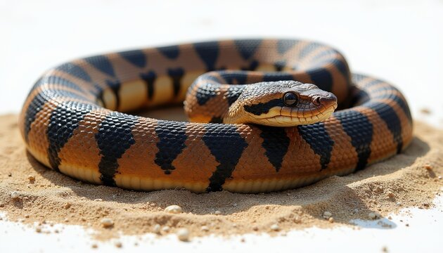 Coiled rattlesnake with rough bumpy skin in tan, black diamond pattern rests on sand. Snake looks alert with dark eyes, forked tongue near snout. Reptile detailed scales, textured body ready to