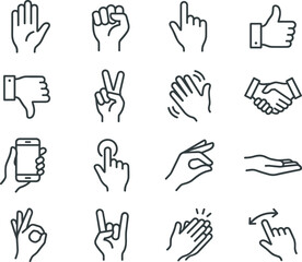 Obraz premium Minimalist Hand Gestures Outline Icon Set with OK Sign, Rock On, Clapping, and Swiping Motion Symbols for Website Interface Designs