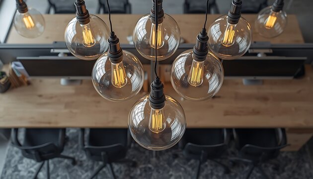 Warmly lit multi-user open-plan office workstation with stylish pendant lights and wooden desk