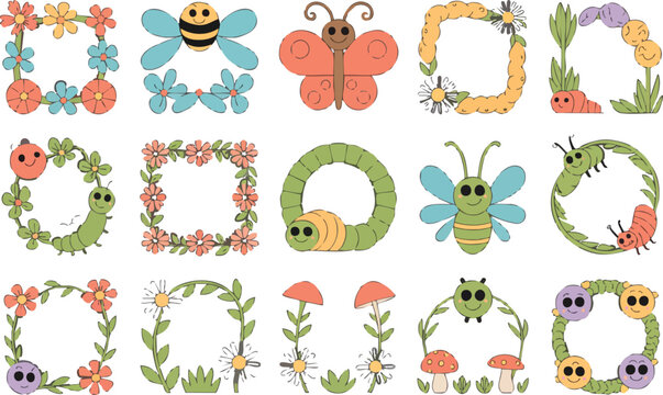 Cute bugs and flowers frames clipart collection, perfect for spring designs and children's projects