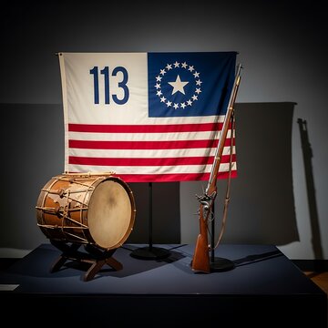 Historical 113 flag with an old wooden drum and a vintage musket rifle on a display in a dark room. 13 colonies flag 
