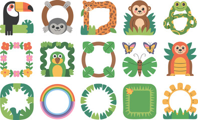 Naklejka premium Exotic jungle animal frames and tropical plant borders featuring toucan monkey sloth parrot and butterfly illustrations