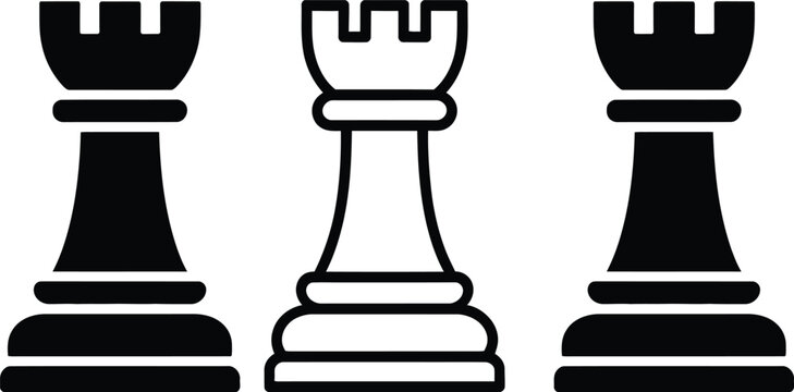 Three chess rooks displayed in contrasting colors against a plain background