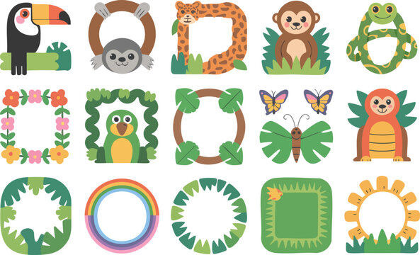 Exotic jungle animal frames and tropical plant borders featuring toucan monkey sloth parrot and butterfly illustrations