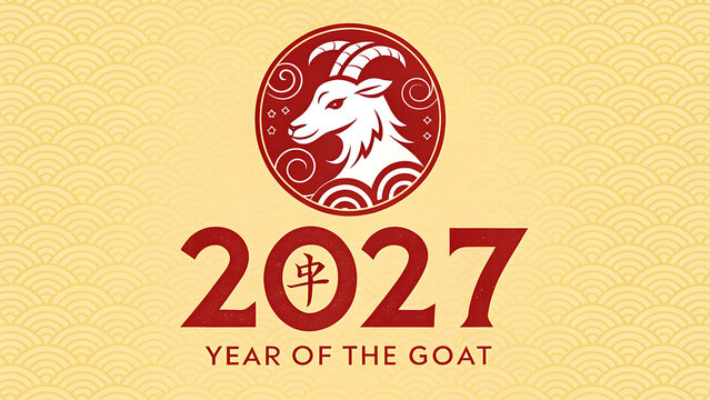 Chinese zodiac symbol for year 2027 with goat head in red and white on yellow background with wave pattern transparent background