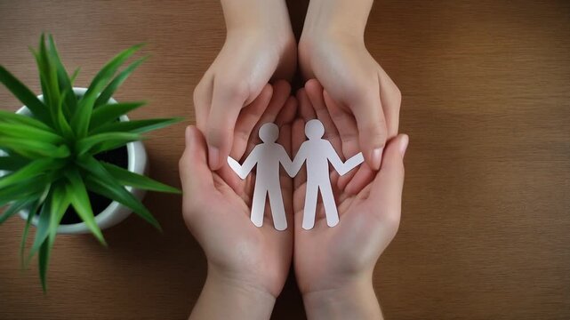 Hands gently holding paper cutout figures, symbolizing unity, care, protection, friendship, family support, community bond, compassion, togetherness