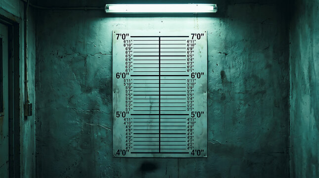 Police mugshot height chart on a dark green textured wall