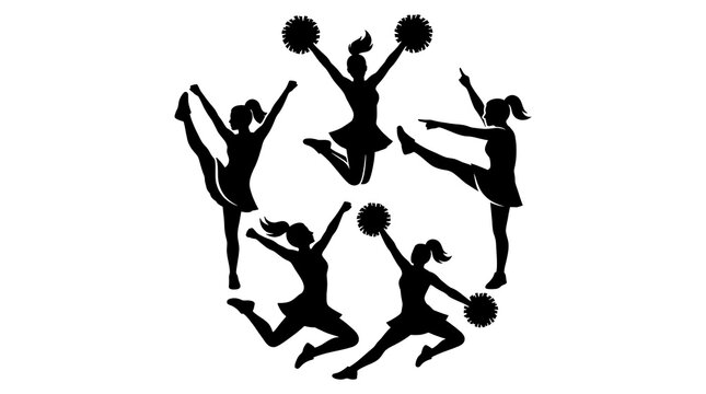 Cheerleaders jumping with pom-poms in silhouette