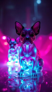 Sapphire dog forms emerge from a fuchsia dreamscape, light bleeding through, a wide perspective whispers tales,  color fantasy,  vivid fantasy