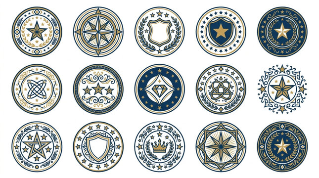 Collection of Circular Emblems and Seals with Stars and Shields.