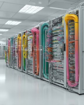 Fiber Optic Patch Panels with Colorful Network Cables in Data Center