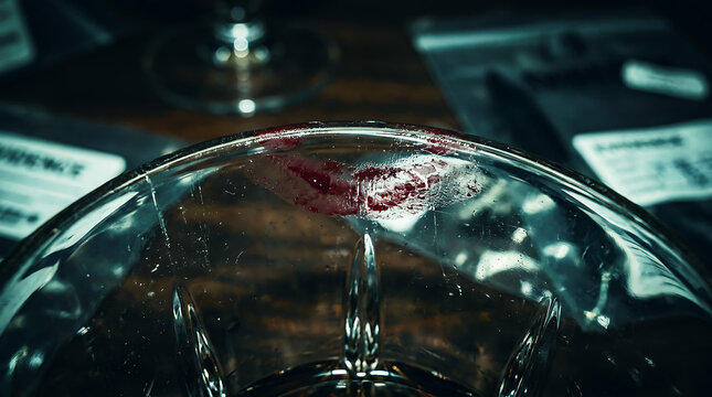 Red wine splashing inside a clear glass detect evidence on crime scene