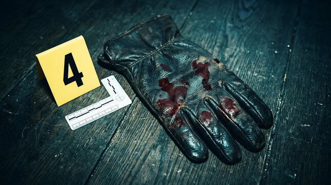 Black leather glove as evidence at a dark crime scene