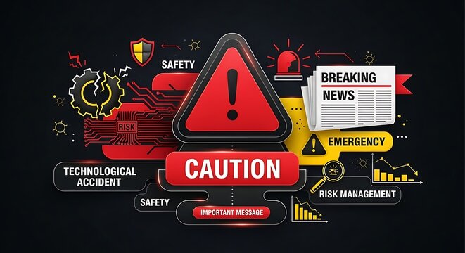 Digital Safety and Warning Graphics Featuring Caution Sign and Emergency Icons for Technology and Incident Management.