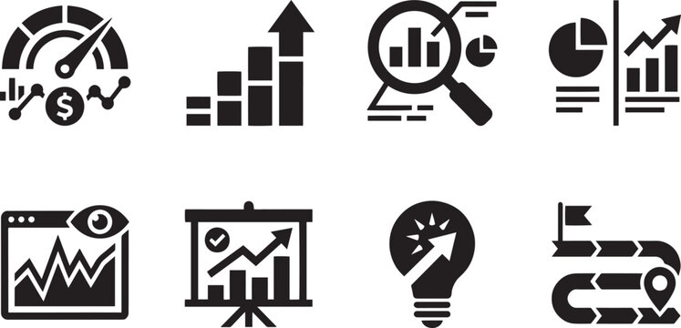 Business data analytics financial management predictive market forecasting and growth trend optimization solid glyph icons set with cost efficiency performance indicator meter dial ascending bar chart