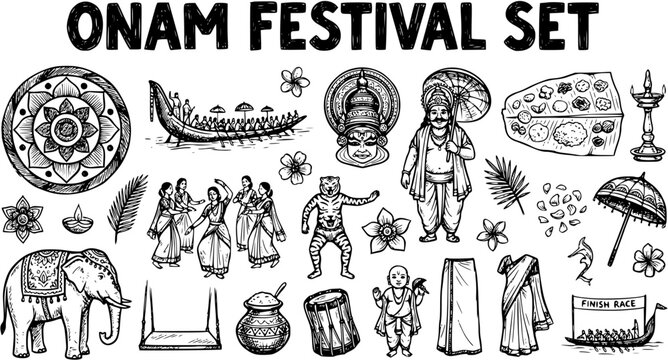 Onam Festival Set: Indian Traditional Culture, Boat Race, Elephant, Food, Line Art