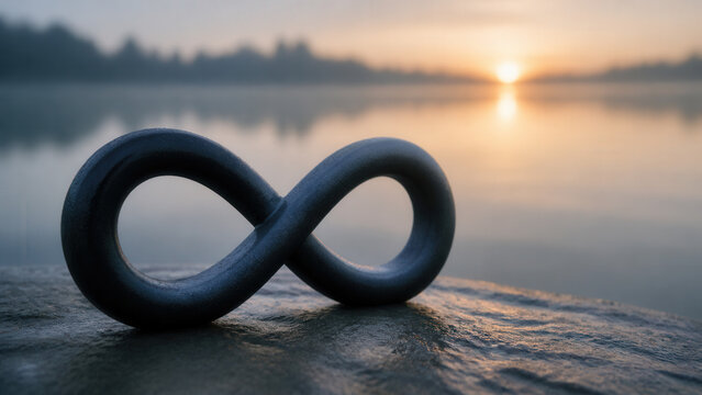 Black Infinity Symbol Beside Calm Lake At Sunset