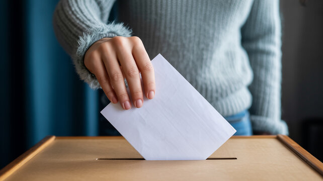 Hand casting ballot paper into wooden voting box during election process