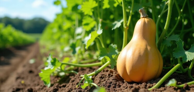 Ripe butternut squash grows in fertile soil under sunny sky. Green leaves surround vegetable on farm field. Healthy food cultivation, natural agriculture, organic growth.