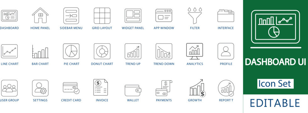 Dashboard Ui And Data Analytics Icon Set: Professional Web Interface, Administrative Panel Widgets, Bar And Pie Charts, Financial Growth Trends, And Business Data Visualization Line Icons.