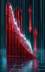 Fototapeta premium Red crystalline graph declines sharply arrows point downward against