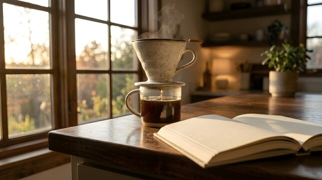 Coffee dripper sits atop a steaming glass mug beside an open book on a rustic wooden surface.