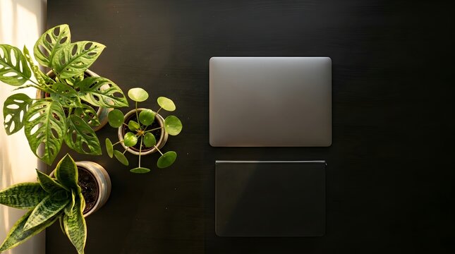 Laptops sit on a dark desk beside lush green tropical potted plants in soft window light.