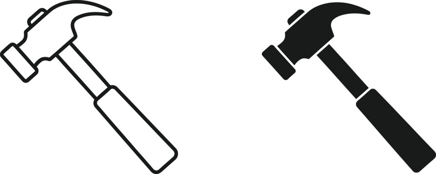 Hammer tool icon set outline and solid black versions