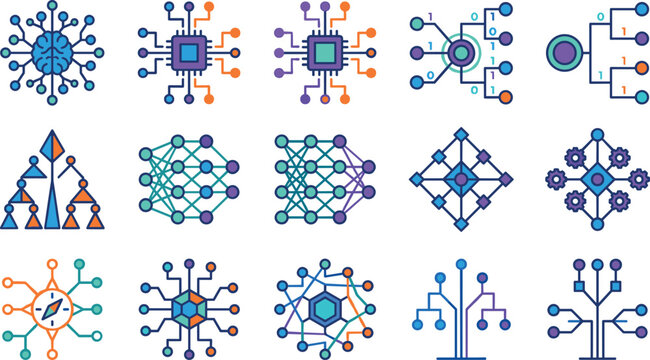Artificial Intelligence and Neural Network Technology Vector Icon Set