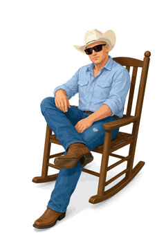Vsai cowboy man sitting in rocking chair wearing hat and sunglasses