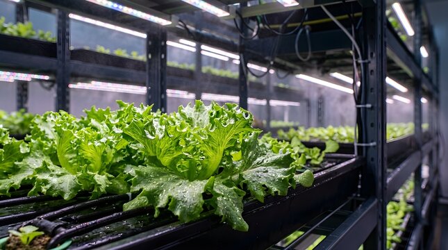 Hydroponic lettuce plants thrive under bright artificial lighting within a modern shelving.