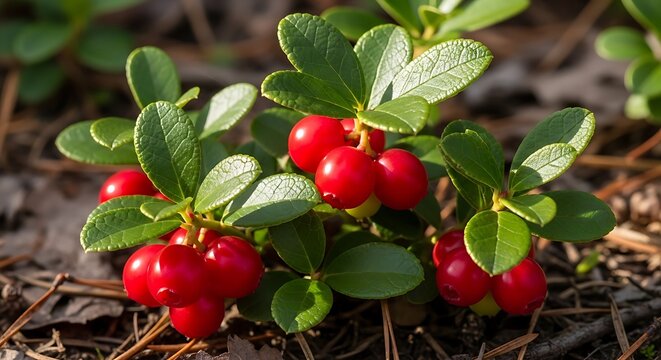 Fresh red lingonberries growing on a green plant in the wild forest during a bright summer day time. american bearberry 