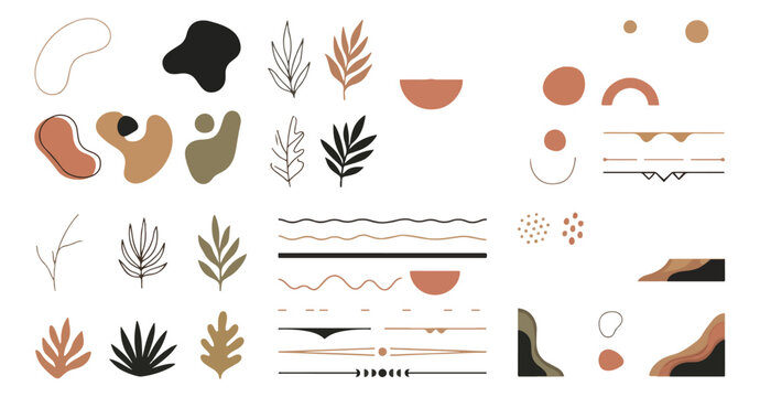 Boho abstract organic shapes and botanical leaves vector set, earthy terracotta minimalist design elements, mid-century modern aesthetic clip art