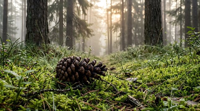 Pinecone rests upon a bed of damp green moss in a misty forest illuminated by morning sun rays.