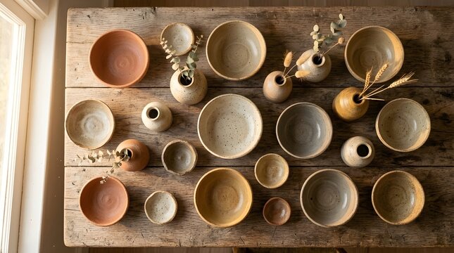 Ceramic collection arranged on a rustic wooden table creates a balanced and artistic display.
