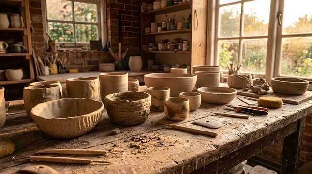 Pottery studio workbench displays handmade clay bowls under the gentle glow of natural light.